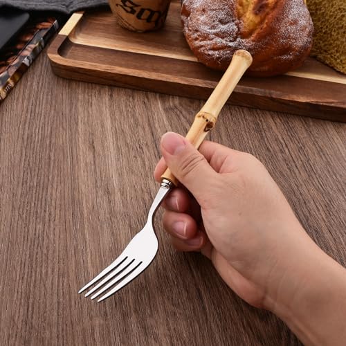 Uniturcky Dinner Fork Set, 8-Piece Natural Bamboo Forks, 18/8 Stainless Steel with Bamboo Handle, Silver Mirror Finish, Unique Design, 8.27 Inch - Image 5