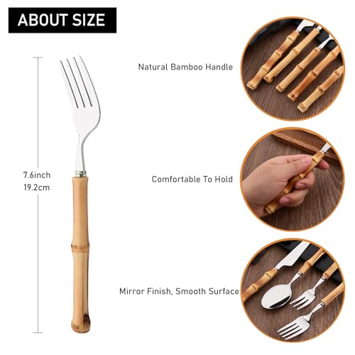 Uniturcky Dinner Fork Set, 8-Piece Natural Bamboo Forks, 18/8 Stainless Steel with Bamboo Handle, Silver Mirror Finish, Unique Design, 8.27 Inch - Image 2