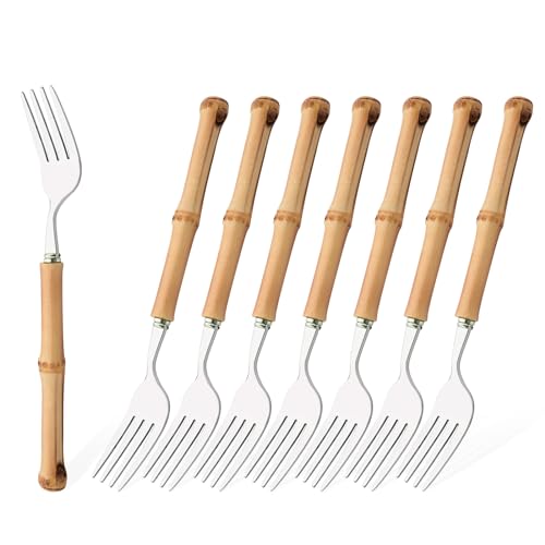 Uniturcky Dinner Fork Set, 8-Piece Natural Bamboo Forks, 18/8 Stainless Steel with Bamboo Handle, Silver Mirror Finish, Unique Design, 8.27 Inch - Image 1