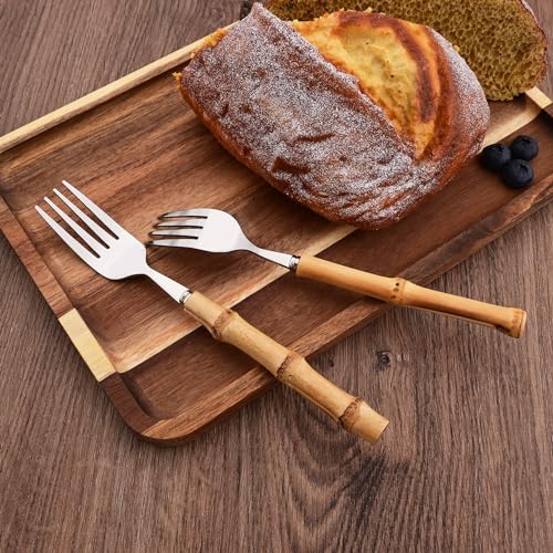 Uniturcky Dinner Fork Set, 8-Piece Natural Bamboo Forks, 18/8 Stainless Steel with Bamboo Handle, Silver Mirror Finish, Unique Design, 8.27 Inch - Image 4