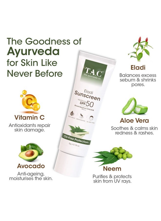TAC - The Ayurveda Co. - TAC - The Ayurveda Co. Eladi Sunscreen, Matifying Spf 50 & Pa+++, Uva & Uvb Rays Protection, Sunscreen For Indian Summer Conditions, For Women & Men (5G, White) - Image 1