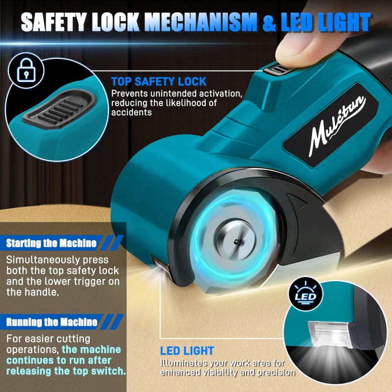 Mulctun Electric Box Cutter with 4 Safety Blades,Storage Bag,Cardboard Cutter with Safety Lock,Led Light,4V 2000mAh Cordless Electric Scissors for Carton Carpet Fabric Leatherï¼ˆDark Blueï¼‰ - Image 5