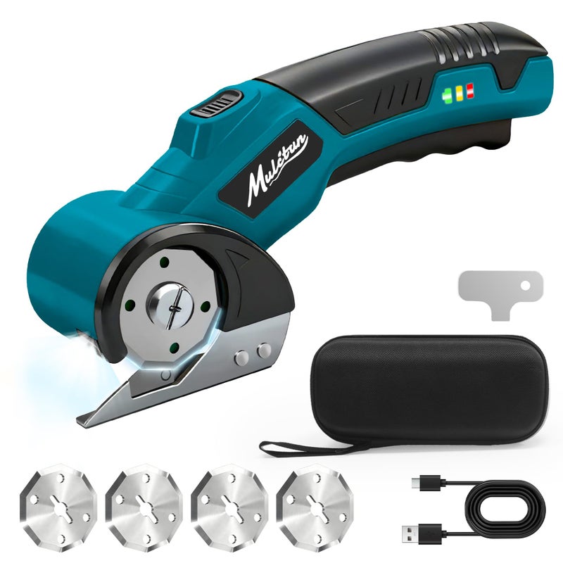Mulctun Electric Box Cutter with 4 Safety Blades,Storage Bag,Cardboard Cutter with Safety Lock,Led Light,4V 2000mAh Cordless Electric Scissors for Carton Carpet Fabric Leatherï¼ˆDark Blueï¼‰ - Image 1