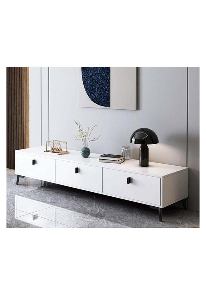 DANUBE HOME خزانة تلفزيون وينونا لما يصل إلى 50 بوصة للترفيه التلفزيوني، تصميم عصري لوحدة الحائط، حامل تلفزيون خشبي لغرفة المعيشة وغرفة النوم، رف تلفزيون L 120 × عرض 40 × ارتفاع 40 سم أبيض - Image 1