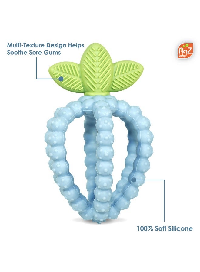 Razbaby Silicone Infant & Baby Teething Toy, Textured Berrybumps Soothe Babies’ Sore Gums, Razberry Bites Relief Teether, Back & Front Teeth, Bpa Free, Easy To Hold, Fruit Shape For Babies 3M+ - Blue - Image 2