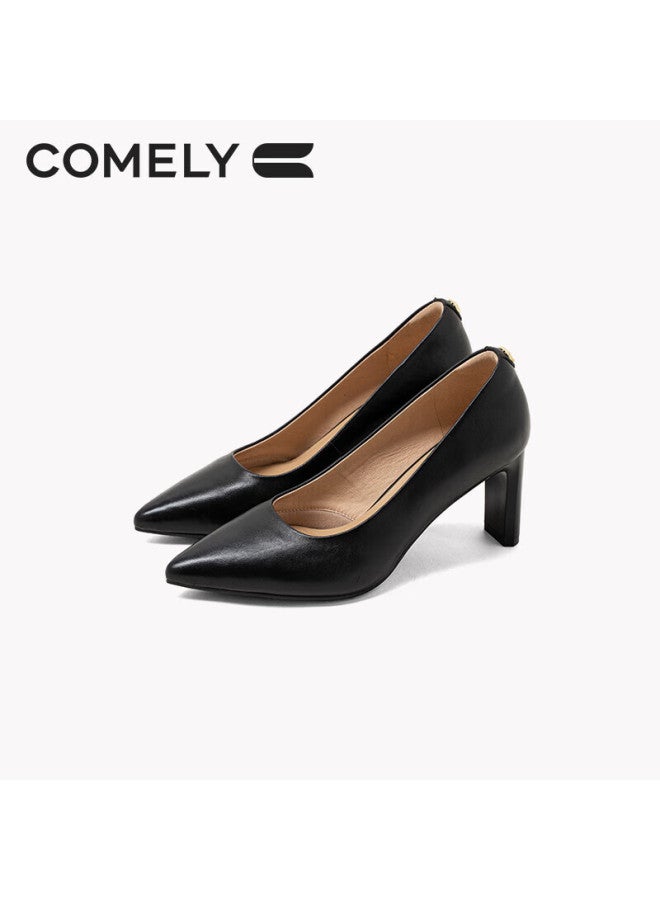 Comely High Heels For Women, Chunky Heel, Pointed Toe, Soft Sheepskin, Women's Pumps, Soft Sole, Professional Shoes, Black, Size 34 - Image 1