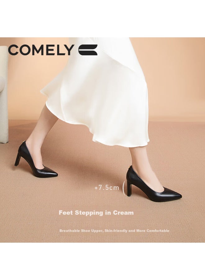Comely High Heels For Women, Chunky Heel, Pointed Toe, Soft Sheepskin, Women's Pumps, Soft Sole, Professional Shoes, Black, Size 34 - Image 4