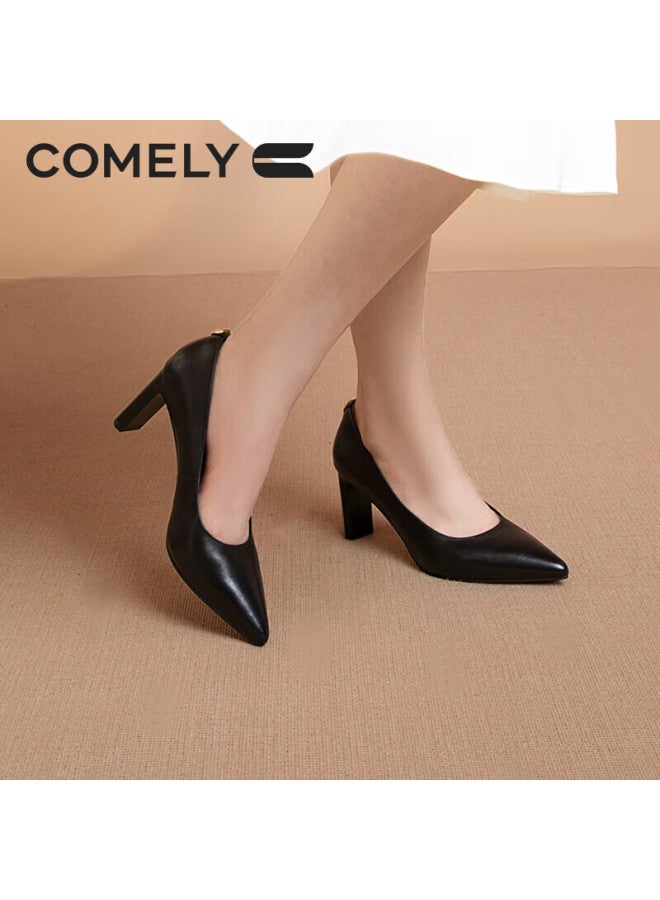 Comely High Heels For Women, Chunky Heel, Pointed Toe, Soft Sheepskin, Women's Pumps, Soft Sole, Professional Shoes, Black, Size 34 - Image 2
