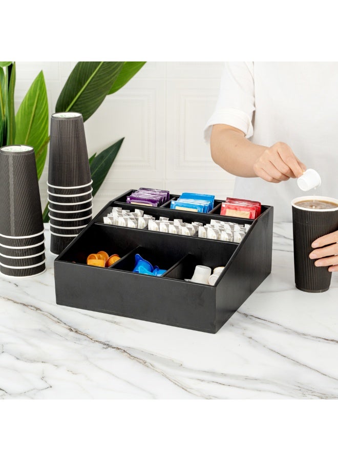 Restaurantware منظم توابل القهوة 11.75 × 5.5 بوصة، 1 منظم كريمة مربع - 9 أقسام، مقاوم للكسر، حامل أكسسوارات القهوة من الخيزران الأسود، لن يتشقق، لعلب السكر والكريمة - Image 4