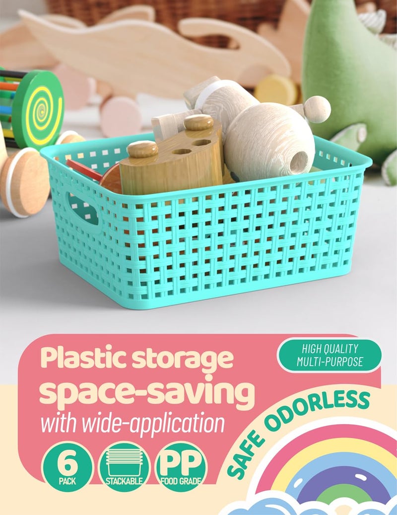 WYT 6-Pack Plastic Small Shelf Storage Weave Baskets Organizing for Cabinets and Pantries, Sky Blue - Image 5