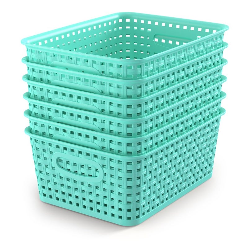 WYT 6-Pack Plastic Small Shelf Storage Weave Baskets Organizing for Cabinets and Pantries, Sky Blue - Image 1