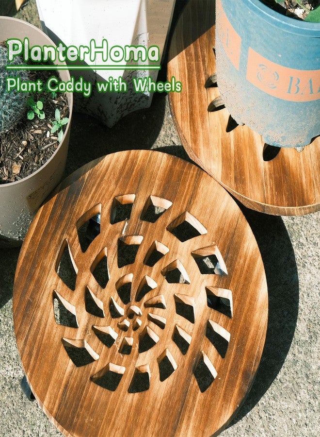 Planterhoma 2 Pack Plant Caddy with Wheels Heavy Duty 12 Inch Wooden Plant Stand with Wheels Plant Dolly Rolling Plant Stand Plant Roller with Casters for Indoor and Outdoor with 2 Pack Plant Saucers, Round - Image 2