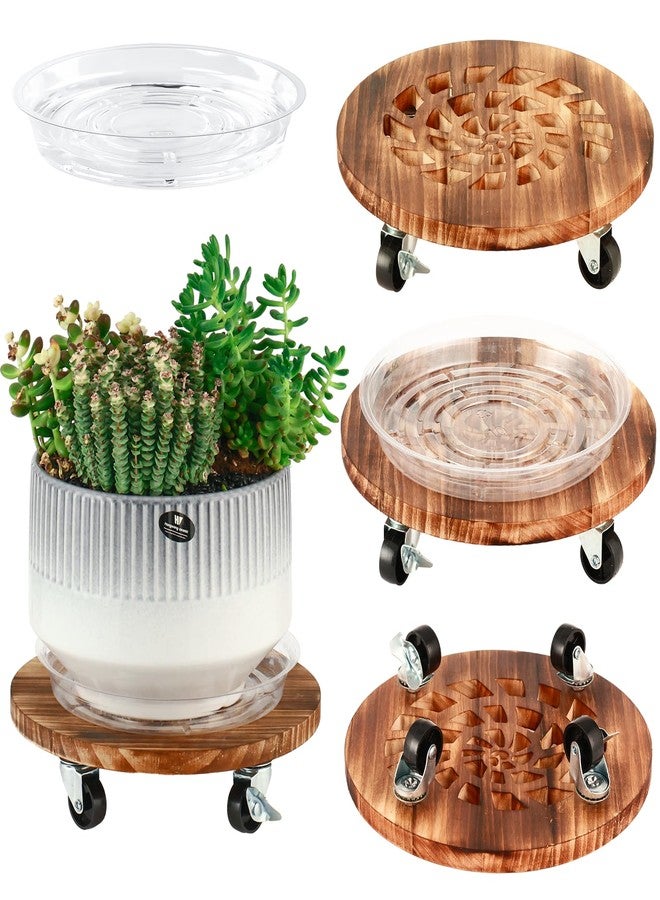 Planterhoma 2 Pack Plant Caddy with Wheels Heavy Duty 12 Inch Wooden Plant Stand with Wheels Plant Dolly Rolling Plant Stand Plant Roller with Casters for Indoor and Outdoor with 2 Pack Plant Saucers, Round - Image 1