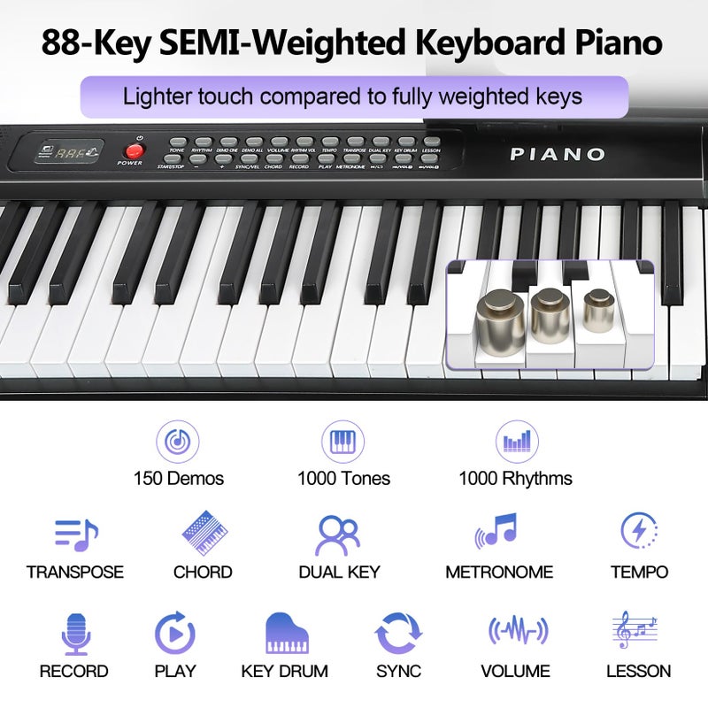 VEIYOUMO 88 Key SEMI-Weighted Keyboard Piano For Beginners w/MIDI, Bluetooth, 1000 Tones/Rhythms, 150 Demos, Sustain Pedal, Metronome, Sync, Chord, Dual Key, Key Drum, Teaching Mode, Corded Electric - Image 3