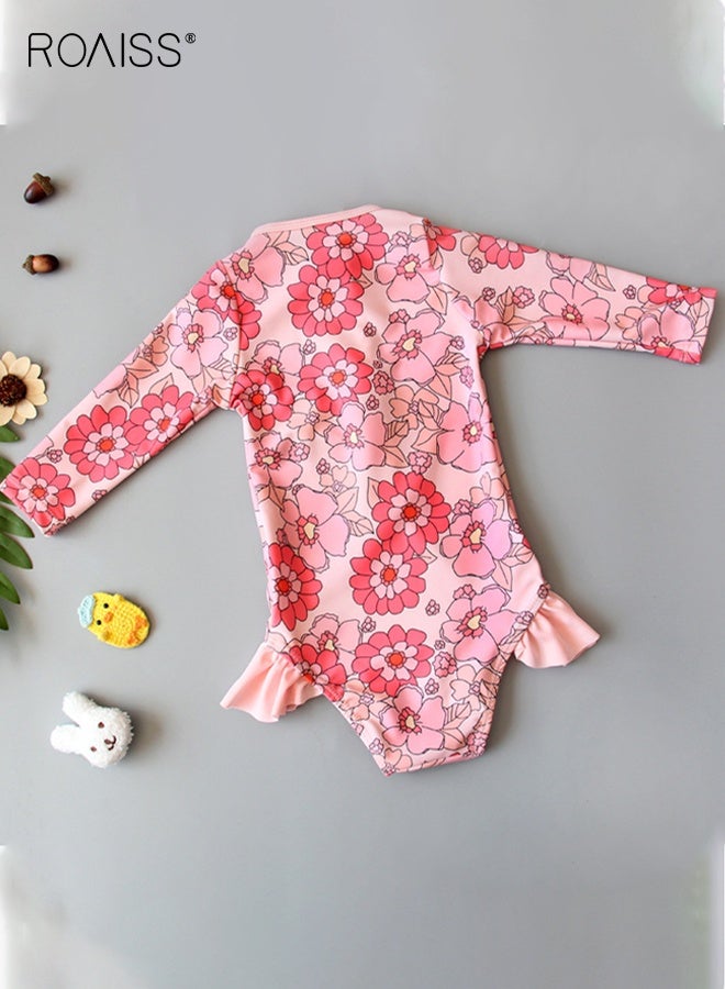 رويس بدلة سباحة للبنات بأكمام طويلة بسحاب من قطعة واحدة مع قبعة، بدلة سباحة صيفية مدمجة للحماية من الشمس، ملابس سباحة واقية من الطفح الجلدي للبنات الصغار - Image 2