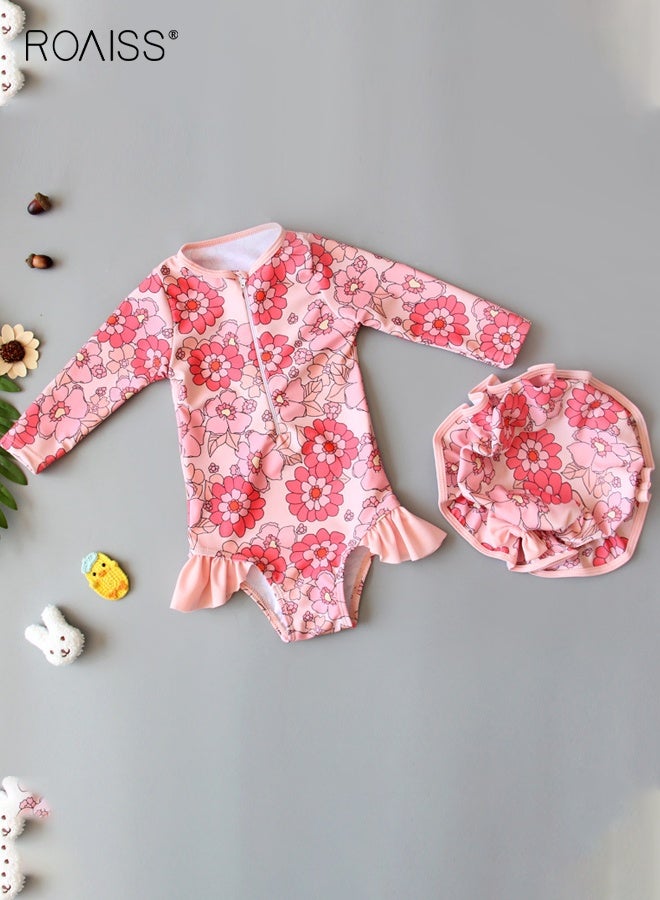 رويس بدلة سباحة للبنات بأكمام طويلة بسحاب من قطعة واحدة مع قبعة، بدلة سباحة صيفية مدمجة للحماية من الشمس، ملابس سباحة واقية من الطفح الجلدي للبنات الصغار - Image 1