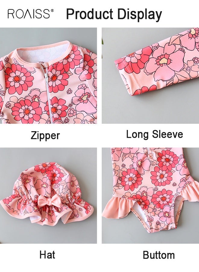 رويس بدلة سباحة للبنات بأكمام طويلة بسحاب من قطعة واحدة مع قبعة، بدلة سباحة صيفية مدمجة للحماية من الشمس، ملابس سباحة واقية من الطفح الجلدي للبنات الصغار - Image 3