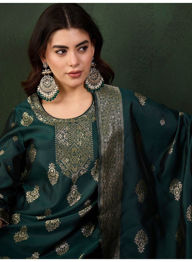 AKS Emerald Green Jacquard Kurta Set With Jacquard Dupatta  - Image 2