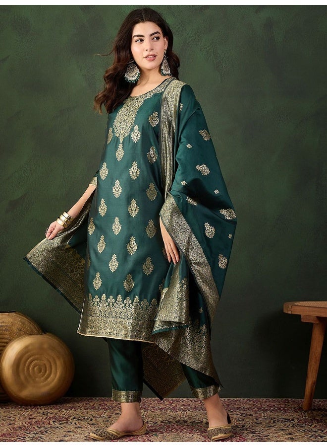 AKS Emerald Green Jacquard Kurta Set With Jacquard Dupatta  - Image 5