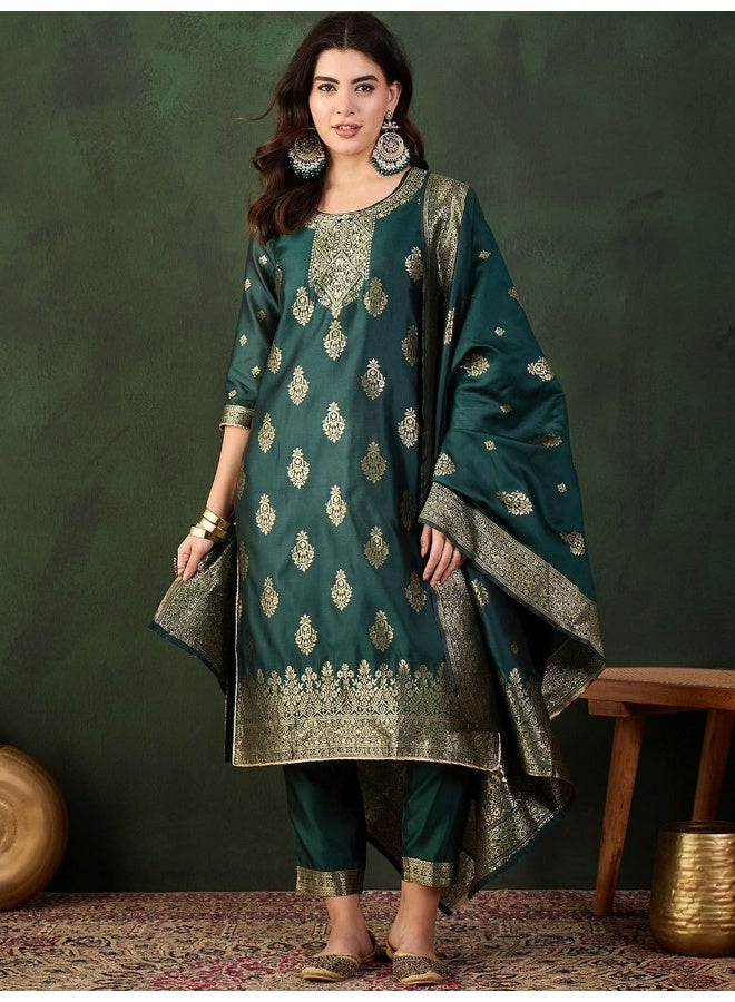 AKS Emerald Green Jacquard Kurta Set With Jacquard Dupatta  - Image 1