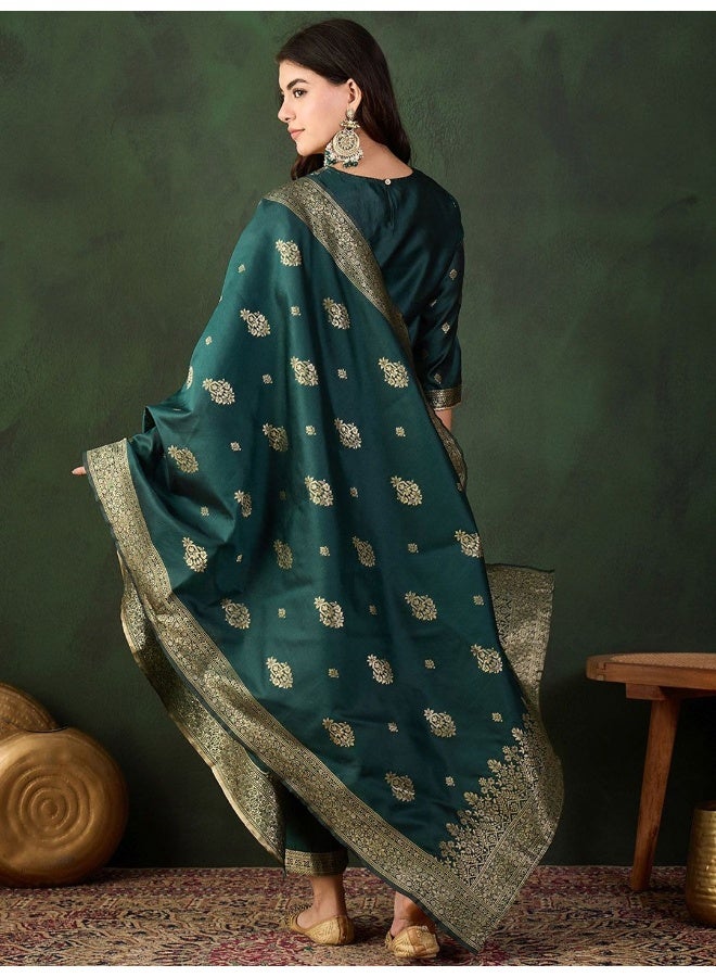 AKS Emerald Green Jacquard Kurta Set With Jacquard Dupatta  - Image 4