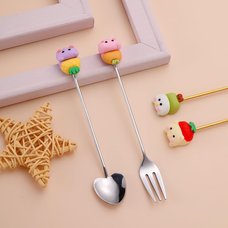 Cute Animal Spoon Fork Set 4Pcs Yellow Stainless Steel Cartoon Stirring Coffee Spoon - Image 4