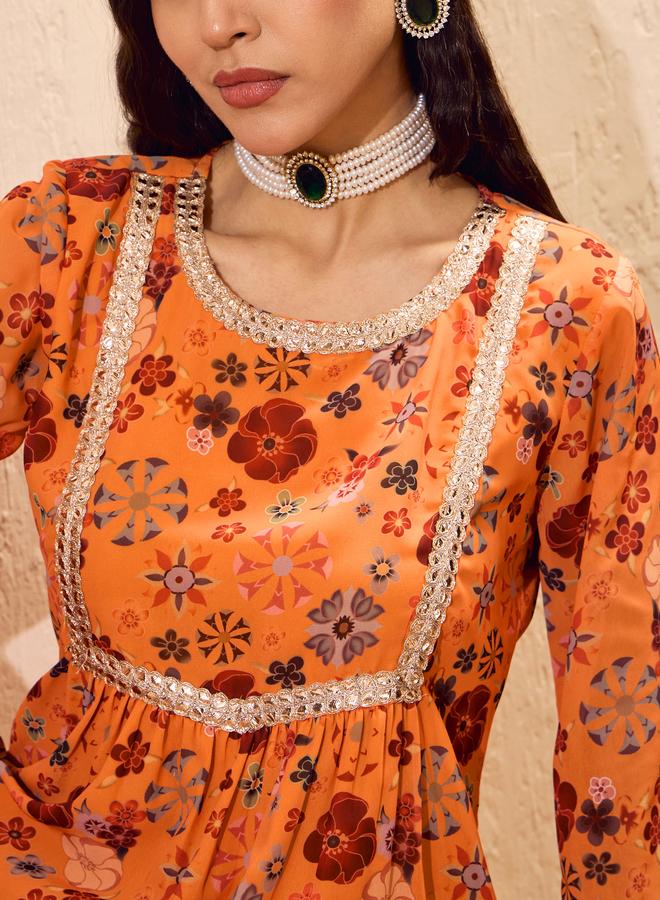 SASSAFRAS Orange Floral Print Kurta and Sharara Set - Image 4