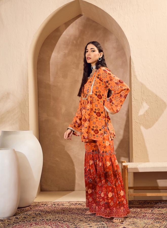 SASSAFRAS Orange Floral Print Kurta and Sharara Set - Image 3