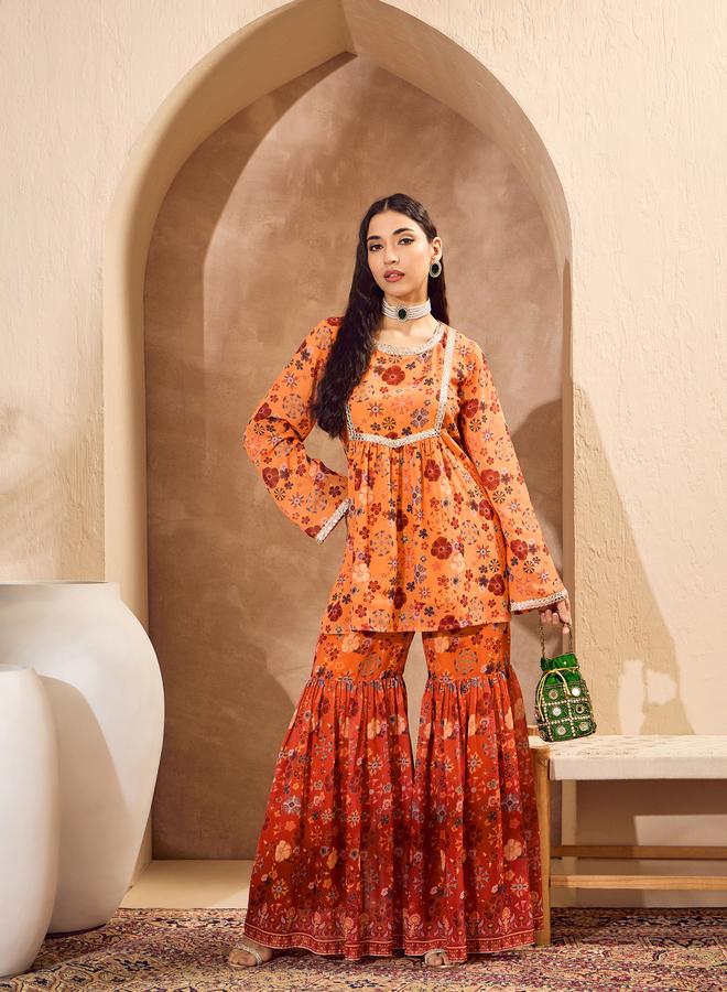 SASSAFRAS Orange Floral Print Kurta and Sharara Set - Image 2
