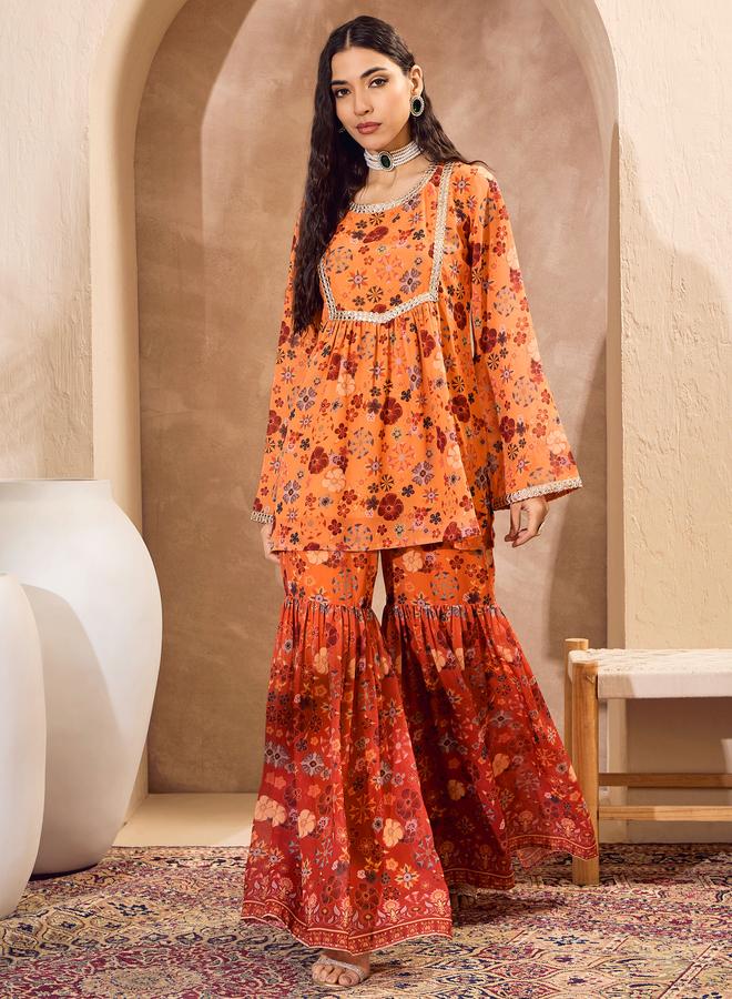 SASSAFRAS Orange Floral Print Kurta and Sharara Set - Image 1