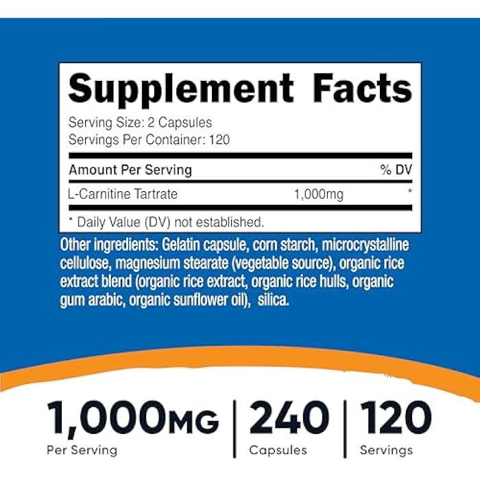 Nutricost L-Carnitine Tartrate 1,000mg, 240 Capsules - 500mg Per Capsule, 120 Servings - Image 2