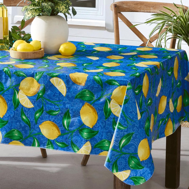 Newbridge Square Vinyl Tablecloth 52 x 52 Inch Mediterranean Zest Vinyl Flannel Backed Table Cloth Lemon Print