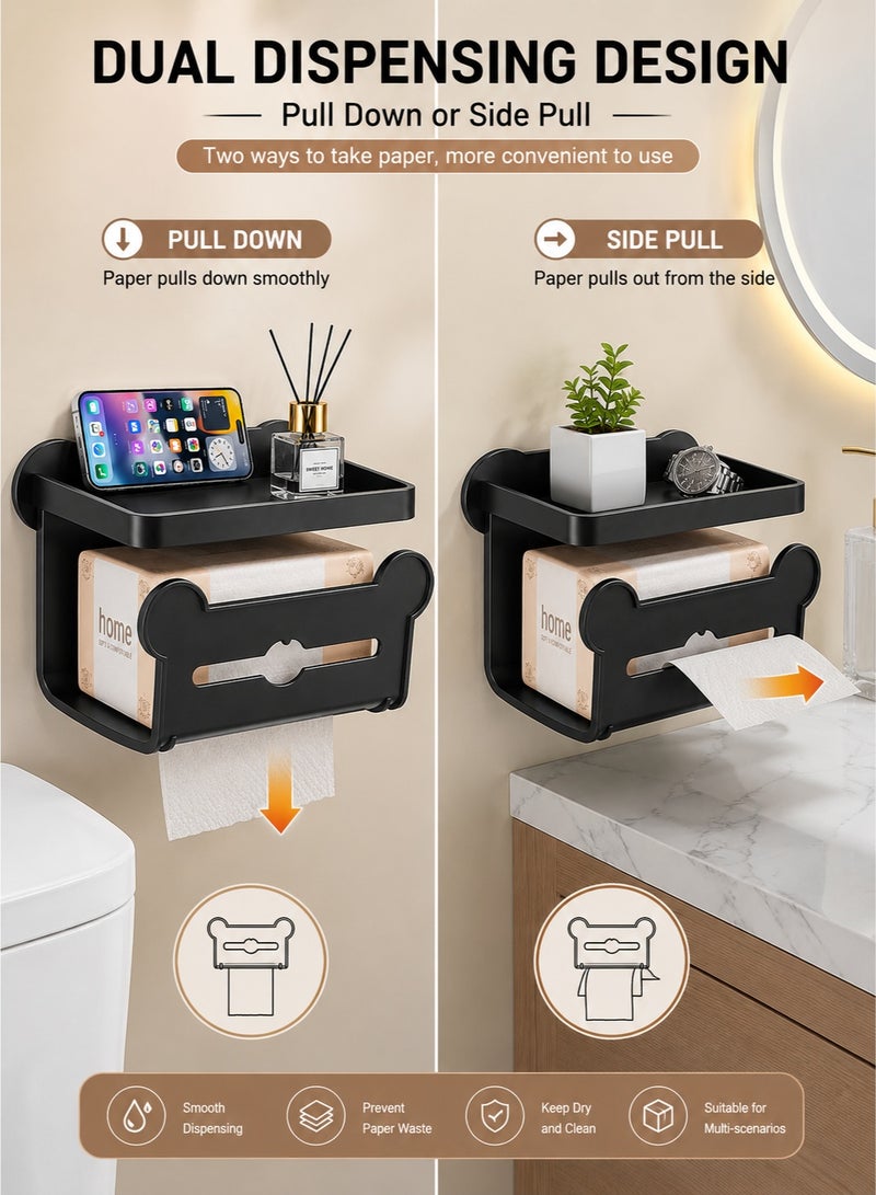 Joybos Three-Tier Toilet Paper Holder with Shelf | Matte Black Wall Mounted Tissue Holder | Self-Adhesive & Drill Installation | Rustproof Bathroom Storage Rack | Space-Saving Toilet Roll Organizer - Image 2