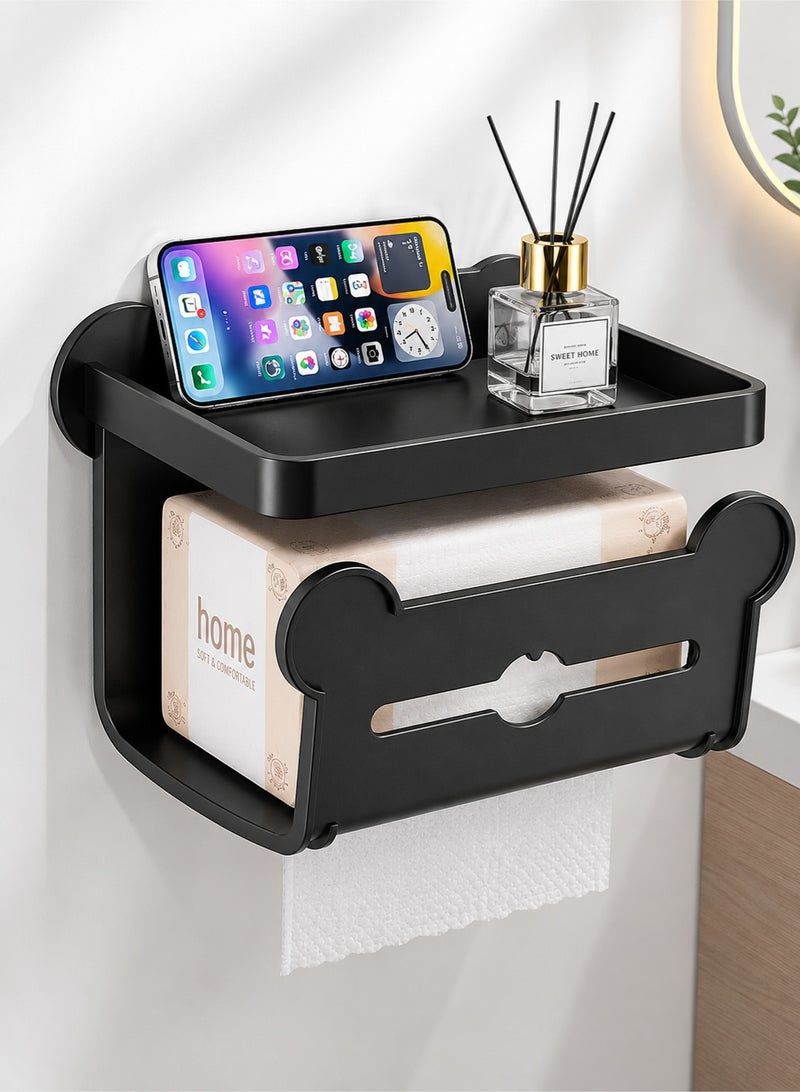 Joybos Three-Tier Toilet Paper Holder with Shelf | Matte Black Wall Mounted Tissue Holder | Self-Adhesive & Drill Installation | Rustproof Bathroom Storage Rack | Space-Saving Toilet Roll Organizer - Image 1