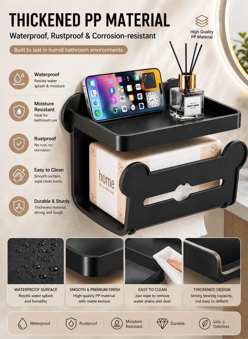 Joybos Three-Tier Toilet Paper Holder with Shelf | Matte Black Wall Mounted Tissue Holder | Self-Adhesive & Drill Installation | Rustproof Bathroom Storage Rack | Space-Saving Toilet Roll Organizer - Image 4