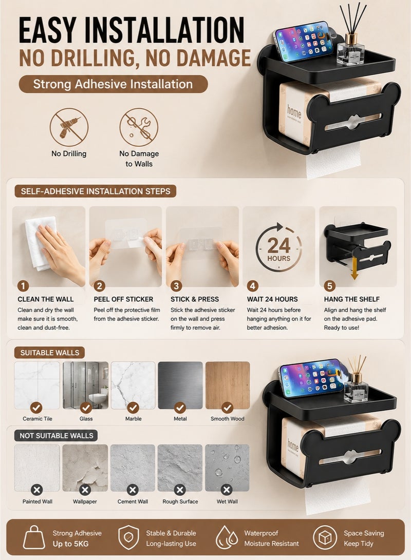 Joybos Three-Tier Toilet Paper Holder with Shelf | Matte Black Wall Mounted Tissue Holder | Self-Adhesive & Drill Installation | Rustproof Bathroom Storage Rack | Space-Saving Toilet Roll Organizer - Image 5