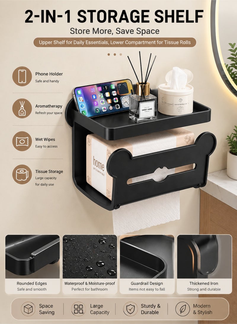 Joybos Three-Tier Toilet Paper Holder with Shelf | Matte Black Wall Mounted Tissue Holder | Self-Adhesive & Drill Installation | Rustproof Bathroom Storage Rack | Space-Saving Toilet Roll Organizer - Image 3