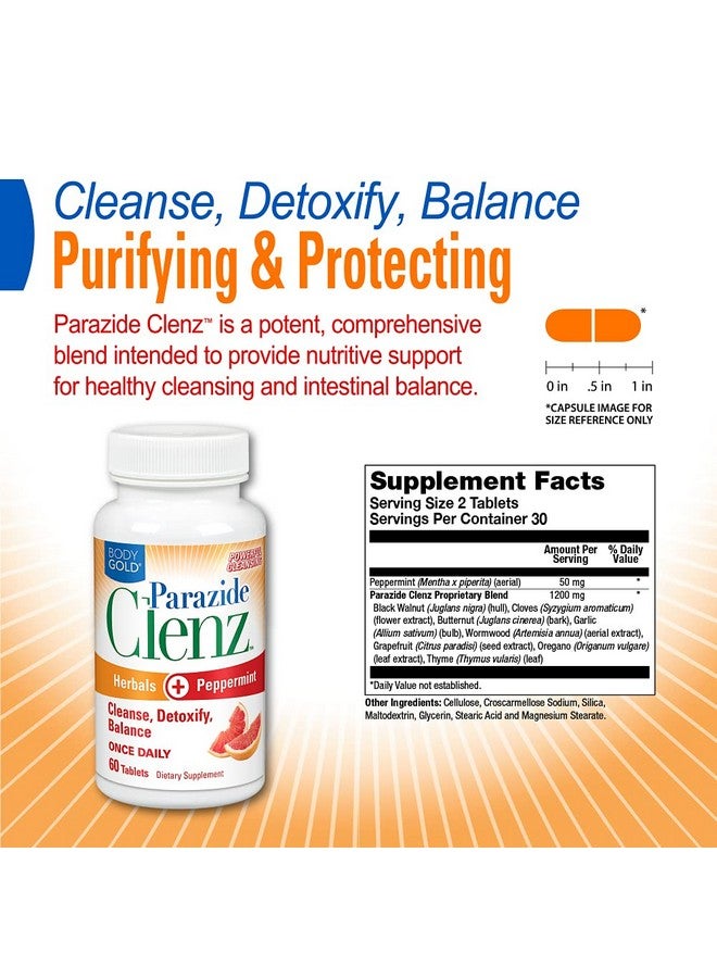 Body Gold Parazide Clenz Herbals & Peppermint | Intestinal Cleanse & Detox w/Black Walnut & More | 30 Serv, 60 Tablets - Image 2