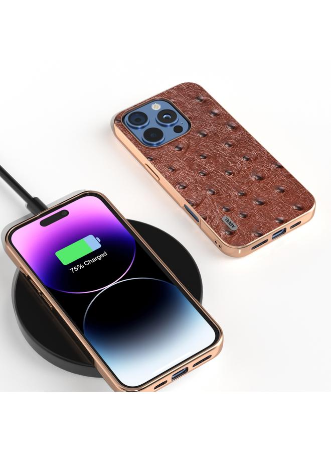 S-TOP Case For iPhone 16 Pro ABEEL Electroplating Frame Genuine Leather Ostrich Texture Phone Case - Image 2