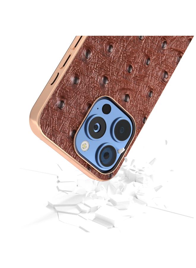 S-TOP Case For iPhone 16 Pro ABEEL Electroplating Frame Genuine Leather Ostrich Texture Phone Case - Image 4
