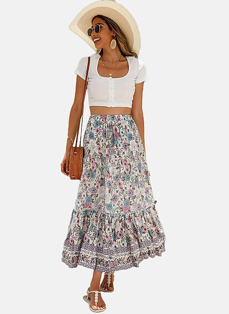 YUNIQEE White Fit & Flare Printed Midi Skirt