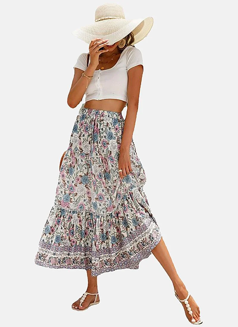 YUNIQEE White Fit & Flare Printed Midi Skirt
