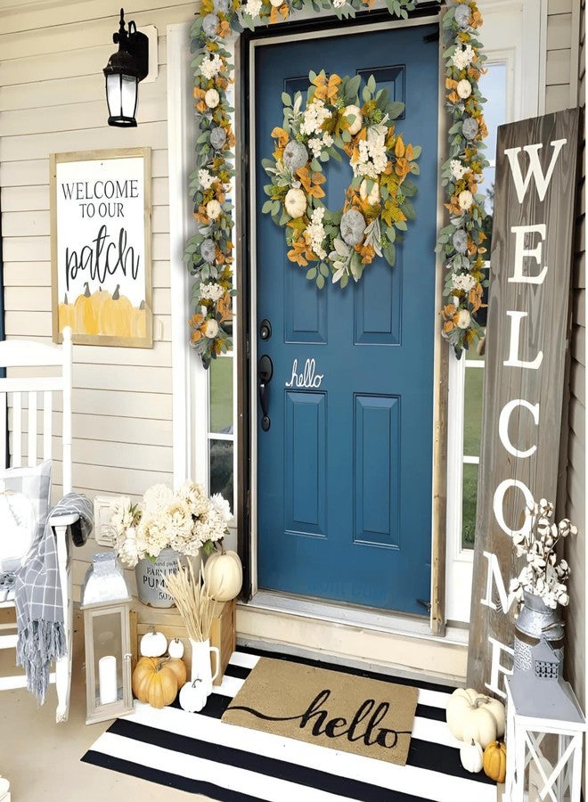 Quixem 22 Inch Fall Wreath for Front Door, Autumn Pumpkin Harvest Wreath with Eucalyptus & Lambs Ear, Farmhouse Thanksgiving Door Décor - Image 3