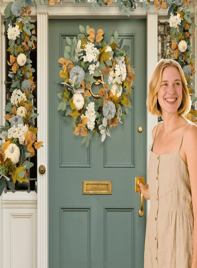 Quixem 22 Inch Fall Wreath for Front Door, Autumn Pumpkin Harvest Wreath with Eucalyptus & Lambs Ear, Farmhouse Thanksgiving Door Décor - Image 2