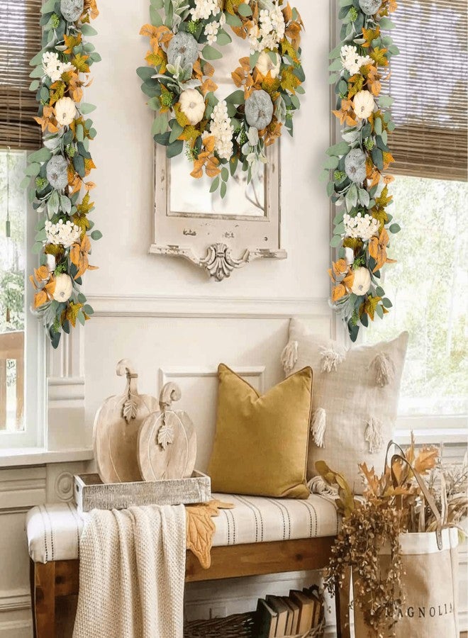 Quixem 22 Inch Fall Wreath for Front Door, Autumn Pumpkin Harvest Wreath with Eucalyptus & Lambs Ear, Farmhouse Thanksgiving Door Décor - Image 4