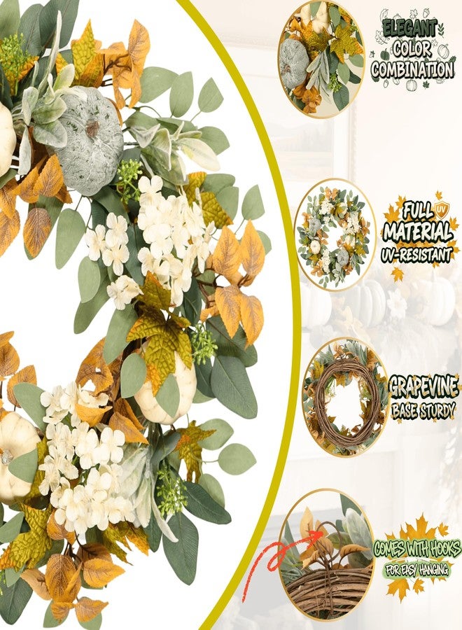 Quixem 22 Inch Fall Wreath for Front Door, Autumn Pumpkin Harvest Wreath with Eucalyptus & Lambs Ear, Farmhouse Thanksgiving Door Décor - Image 5