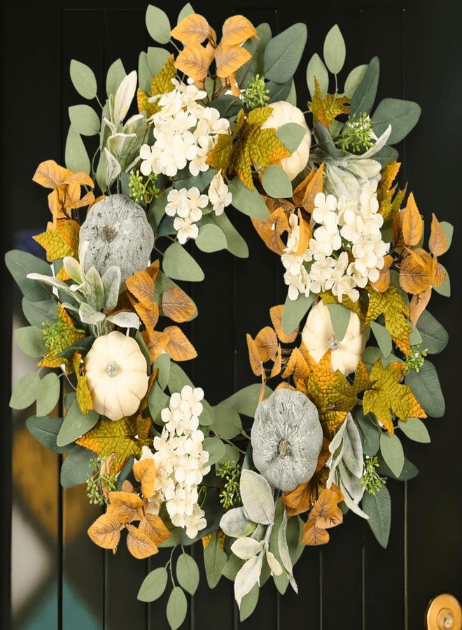 Quixem 22 Inch Fall Wreath for Front Door, Autumn Pumpkin Harvest Wreath with Eucalyptus & Lambs Ear, Farmhouse Thanksgiving Door Décor - Image 1