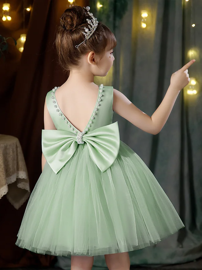 Take Two Girls Pearl Decor Bow Tie Deep V-Back Princess Party Dress