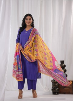 PRIYA’S PANACHE Purple Cotton Kurta Set for Women with Multicolor Dupatta | Ethnic Indian Dress | Salwar Kameez Kurti Pant Set | Ready-to-Wear Traditional Outfit  - Image 3