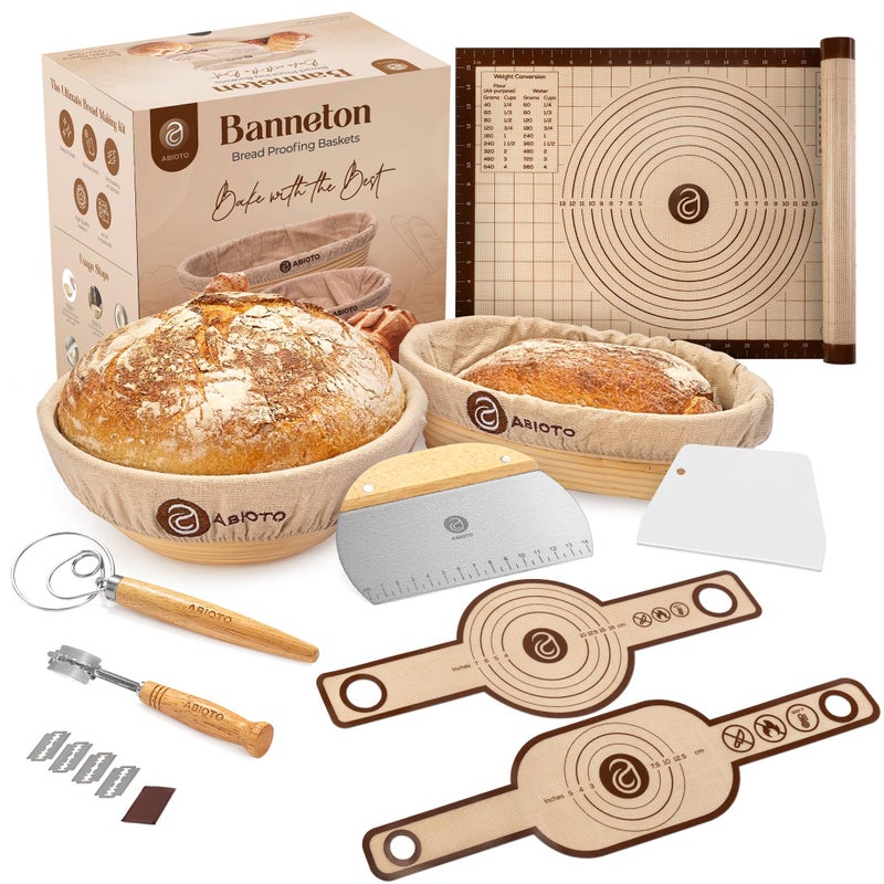 ABIOTO Banneton Bread Proofing Basket Set with Sourdough Bread Baking Supplies, A Complete Sourdough Starter Kit with Bread Lame, Danish Whish, Bowl & Dough Scraper, 2 Bread Slings, and Baking Mat - Image 1